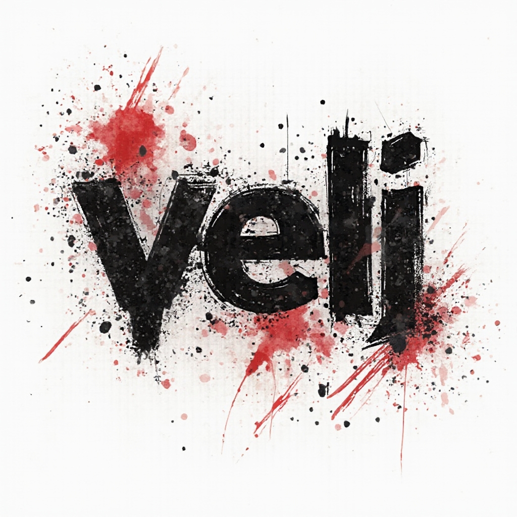Trash Polka tattoo concept where the name veli is created with distressed black letters and red splashes on white.