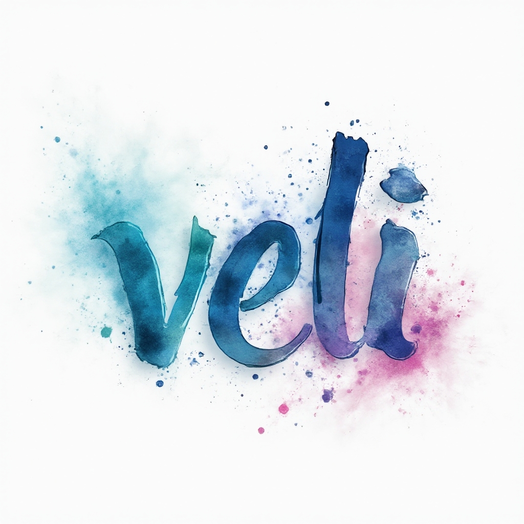 Watercolor-style tattoo concept where the name veli is painted as colorful ink splashes on a white background.