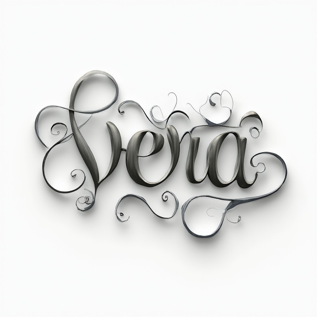 Dimensional flowing tattoo concept of the name vera as looping ornamental ribbons with soft shading on a white background.