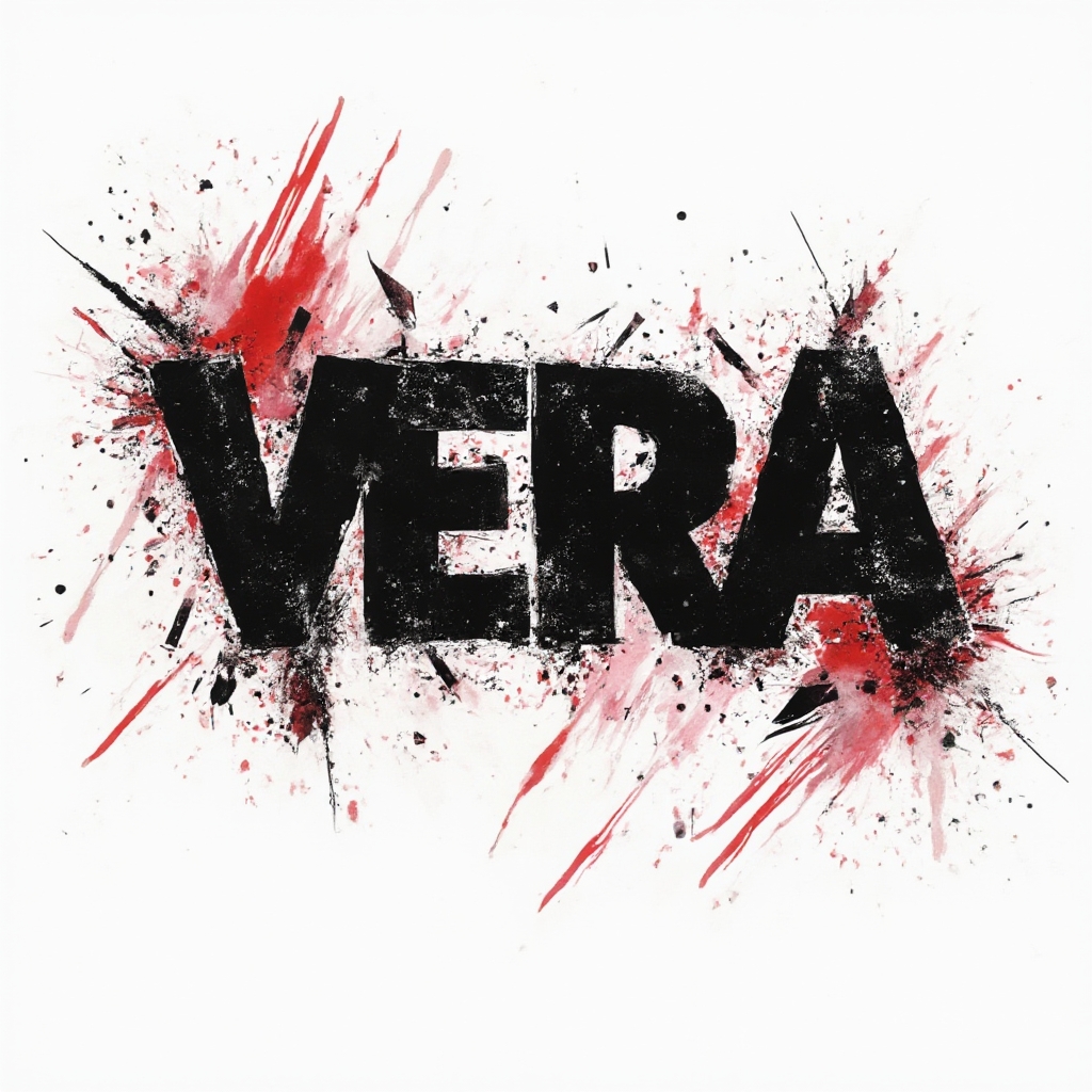 Trash Polka style tattoo concept of the name vera built from fractured black letters with red splashes on a white background.