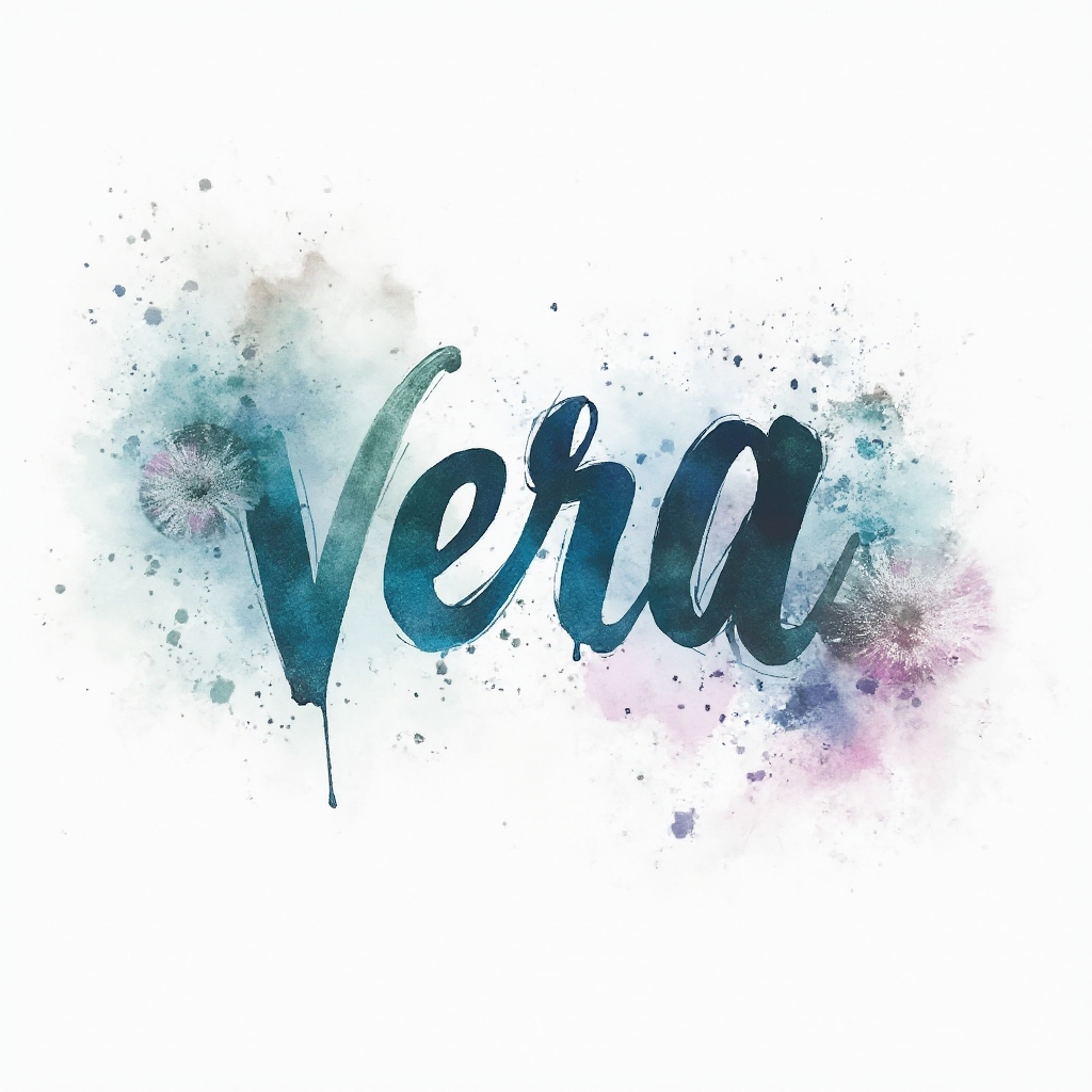 Watercolor tattoo concept where the name vera is formed by flowing brushstroke letters dissolving into colorful splashes on a white background.