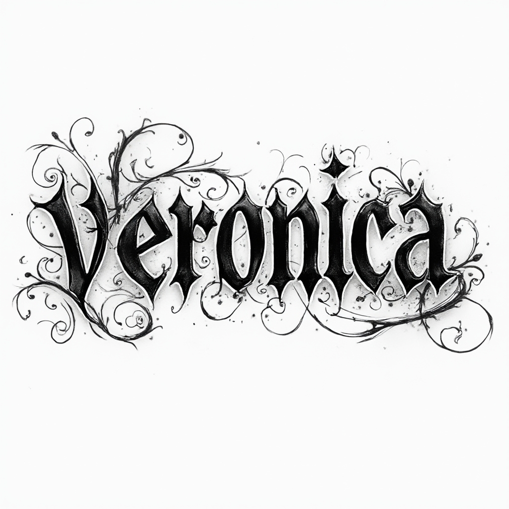 Ornate high-contrast black ink lettering tattoo concept of the name veronica on a white background