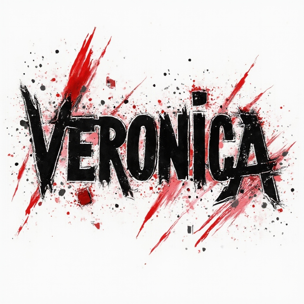 Trash Polka style tattoo artwork of the name veronica with bold black and red fractured lettering on white background
