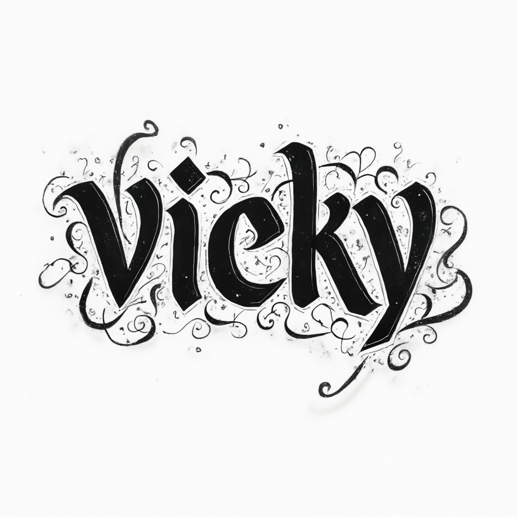 Abstract tattoo concept of the name vicky drawn as bold interconnected glyph letters with ornamental details on a white background.