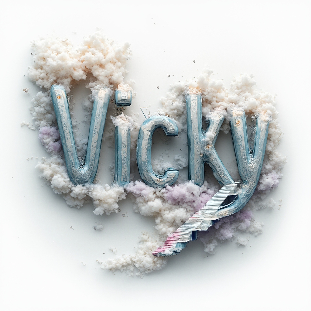 Surreal tattoo concept where the name vicky becomes a dreamscape of impossible structures and floating forms on a white background.