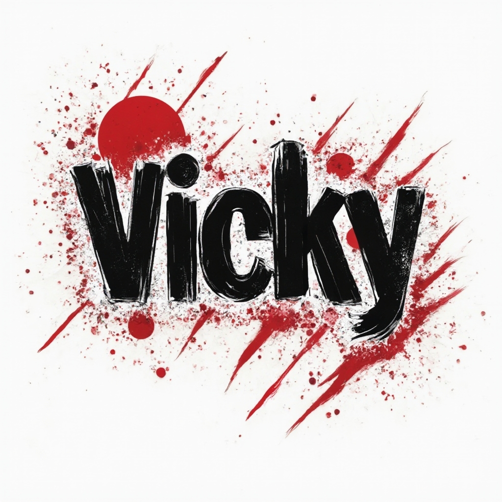 Trash Polka tattoo concept of the name vicky in distressed bold lettering with black and red splashes on a white background.