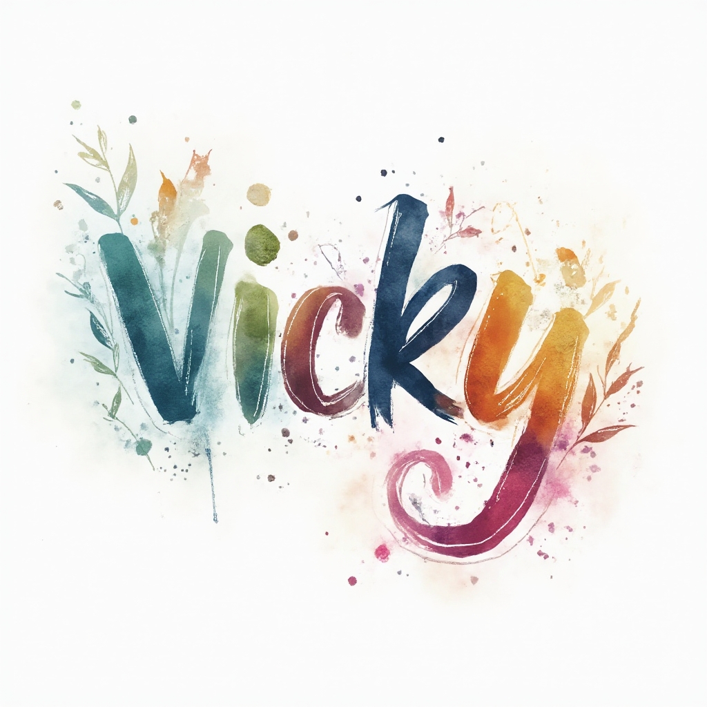 Watercolor tattoo concept of the name vicky painted as colorful flowing brushstroke lettering with splashes on a white background.