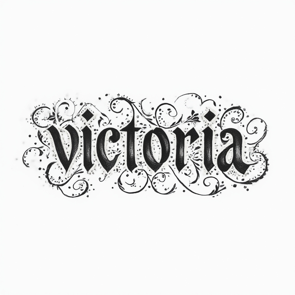 Ornamental fine-line tattoo concept of the name victoria in decorative script on a white background