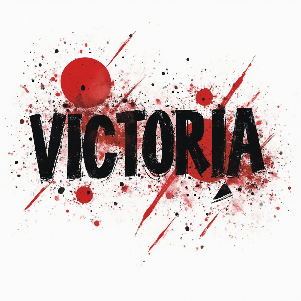 Trash Polka tattoo design concept of the name victoria in bold black and red on a white background