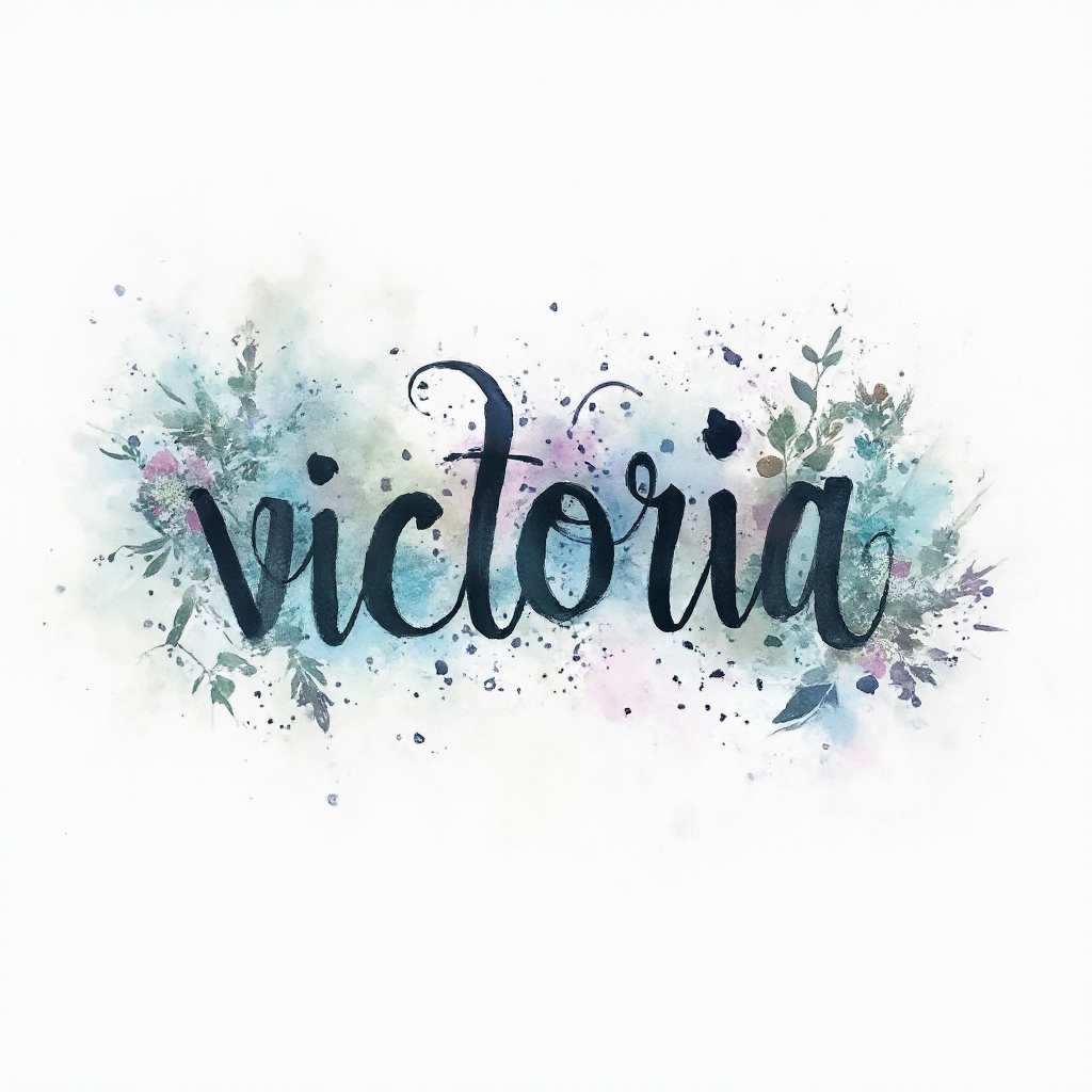 Watercolor tattoo concept of the name victoria formed by flowing paint on a white background