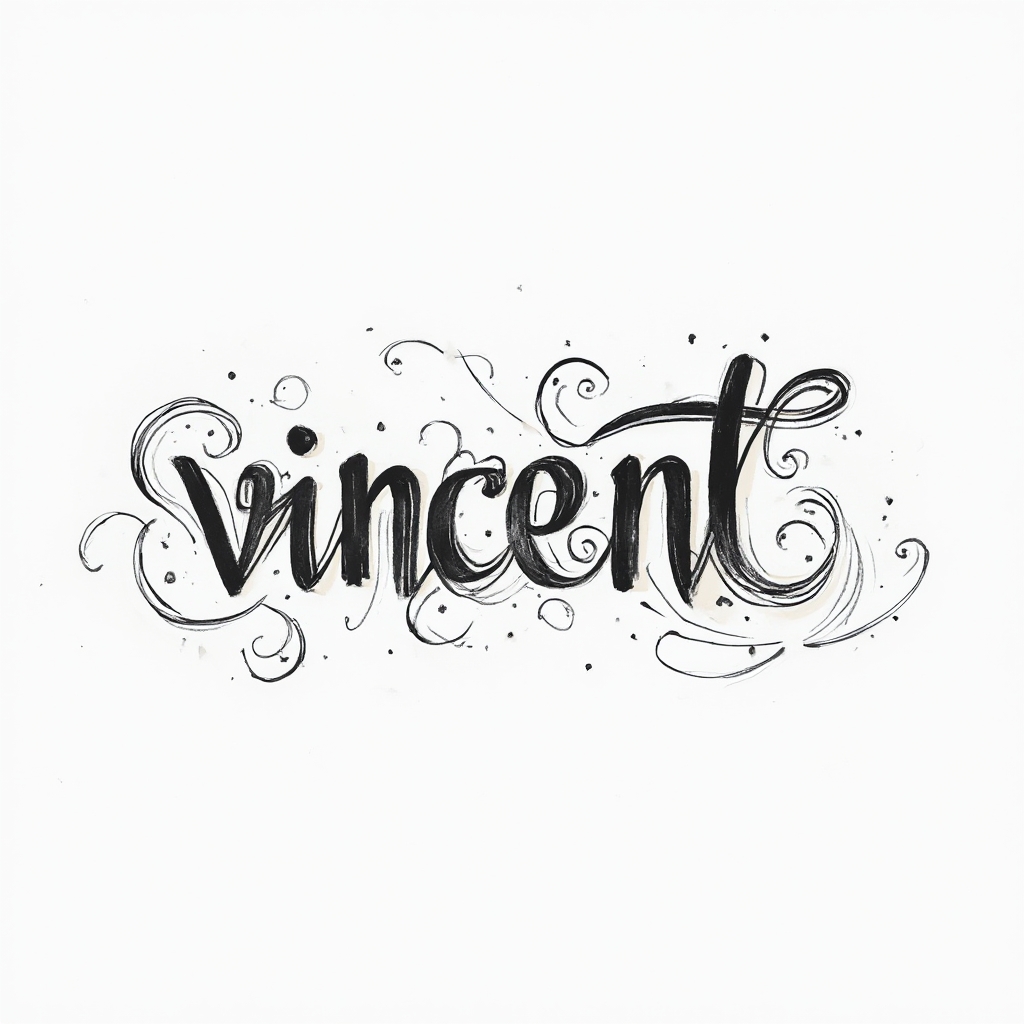 Abstract flowing black-ink Vincent name tattoo concept with elegant continuous curves and ornamental lines on white background.