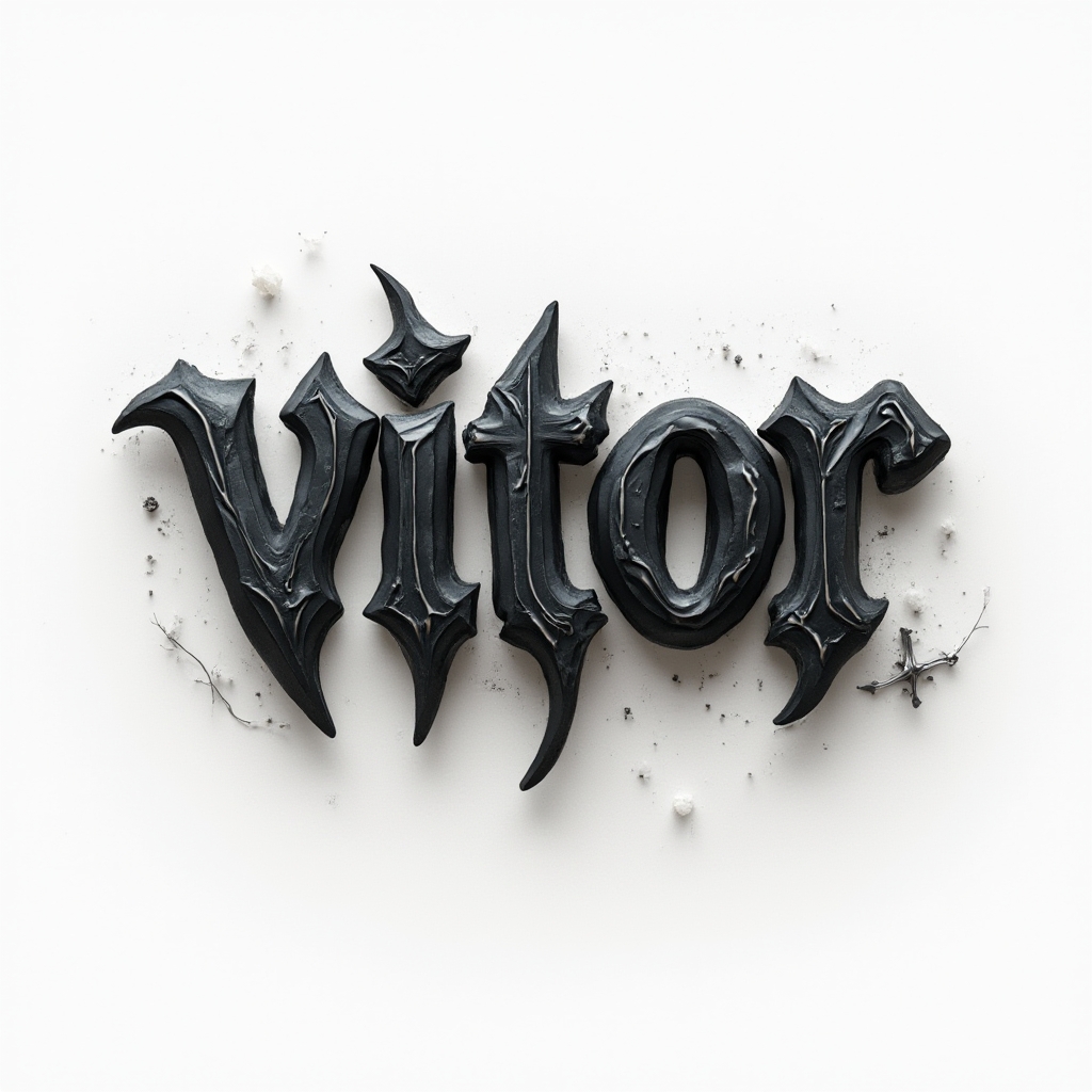 Three-dimensional sculpted ink emblem where the name vitor forms a polished black insignia on white.