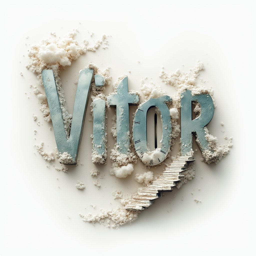 Surreal tattoo concept where the name vitor becomes a floating dreamlike structure of stone and liquid metal forms.