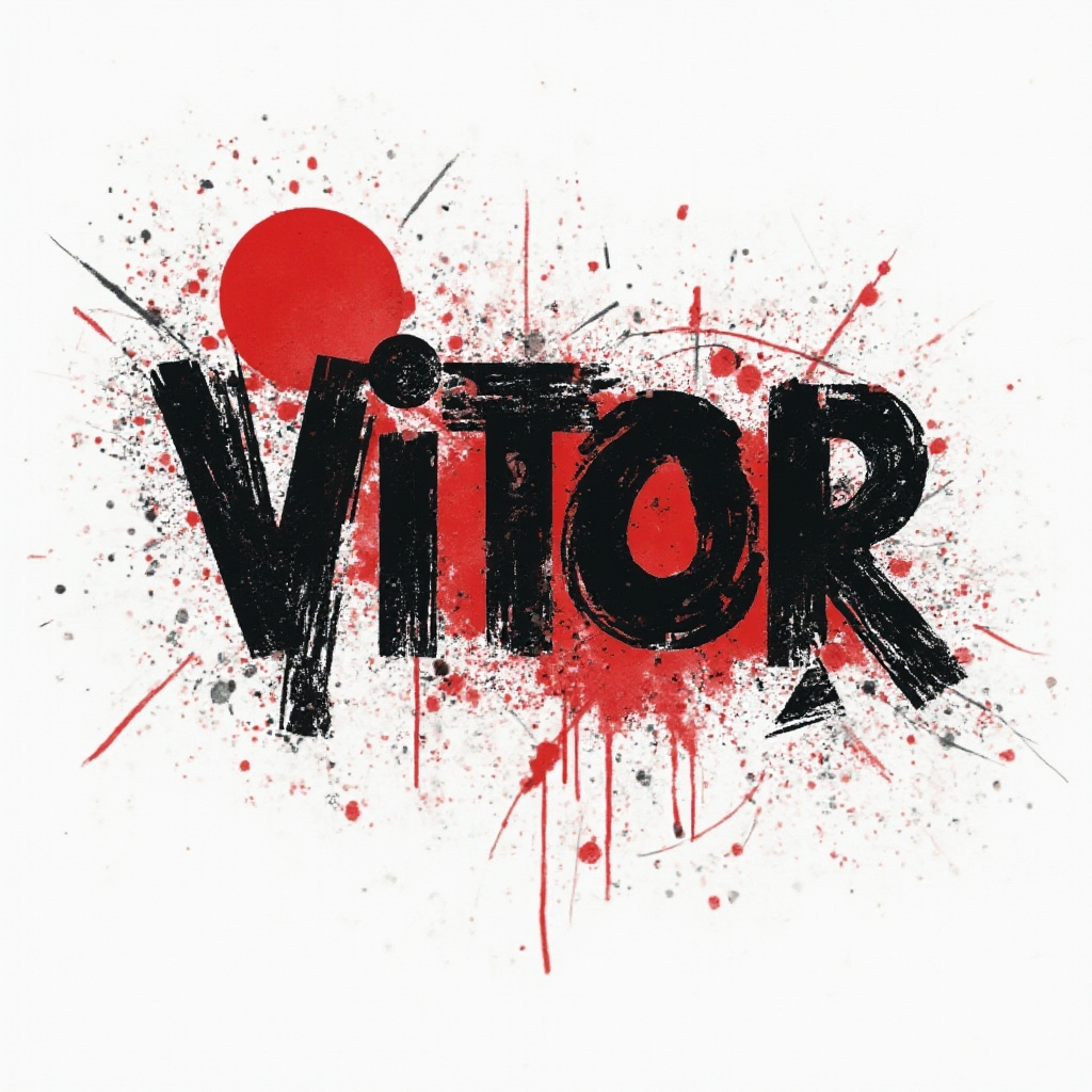 Trash Polka inspired tattoo concept of the name vitor in distressed black and red geometric splashes on white.