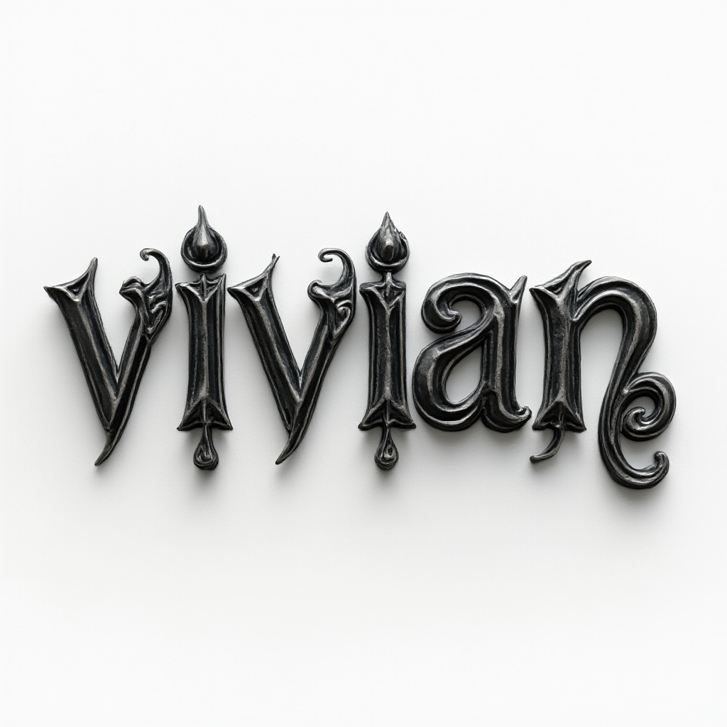 Monochrome sculpted tattoo concept where the word vivian appears as raised, ornamental 3D lettering on a white background.