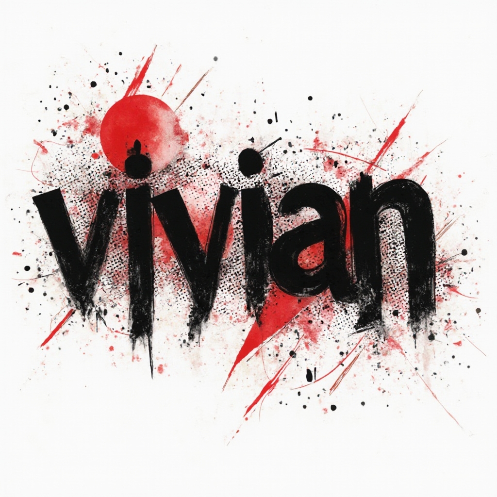 Trash Polka tattoo concept where the word vivian is suggested by bold black strokes and red shapes on a white background.