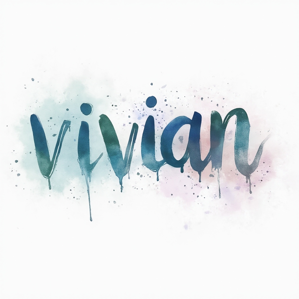 Watercolor splash tattoo concept where the word vivian is formed from fluid multicolored ink on a white background.