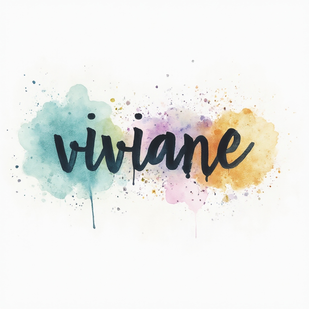 Watercolor-style tattoo concept of the name viviane blending into colorful ink splashes on a white background.