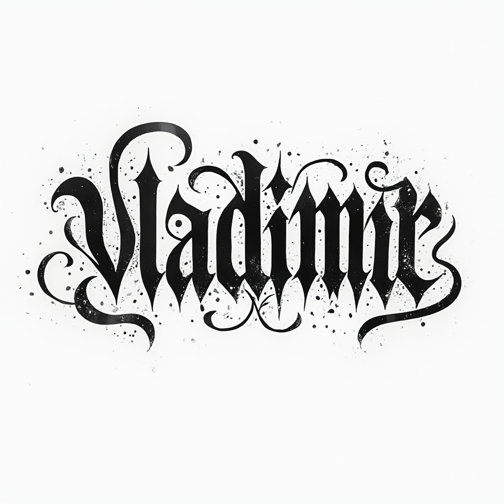 Ornamental black ink tattoo concept of the name vladimir formed from flowing, intricate lettering on white