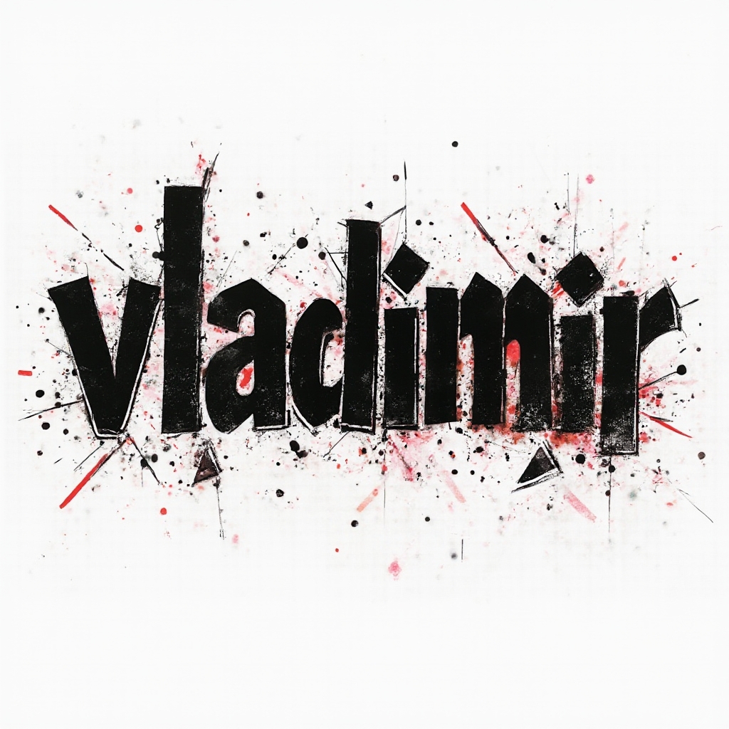 Trash Polka-inspired tattoo concept of the name vladimir in bold distressed lettering with red and black splashes on white