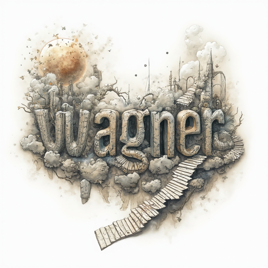 surreal tattoo artwork where the name wagner transforms into impossible dreamlike architecture on a white background