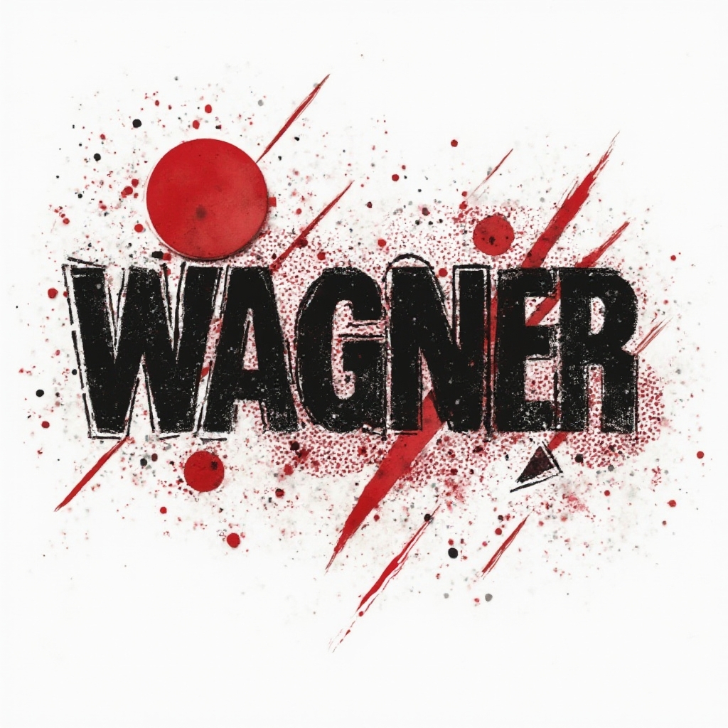 trash polka tattoo design where the name wagner is built from rough black strokes and red geometric shapes on a white background