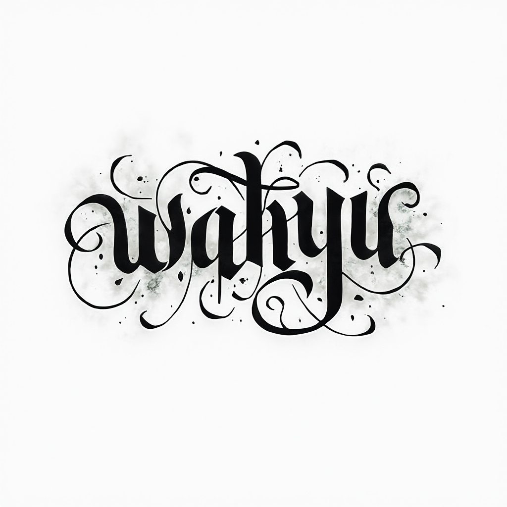 Abstract monochrome tattoo design of the name wahyu built from flowing black shapes and negative space on white background