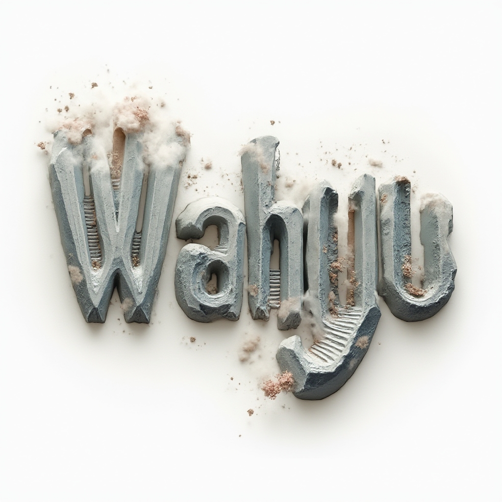 Surreal dreamscape tattoo design of the name wahyu built from impossible structures on a white background