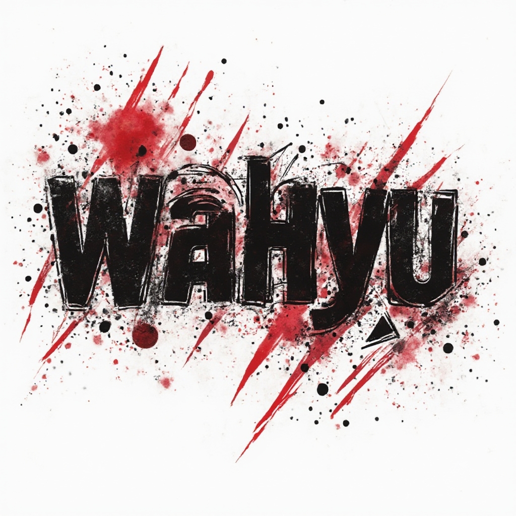 Trash Polka-style tattoo design of the name wahyu with distressed lettering, red splashes, and geometric grunge on white background