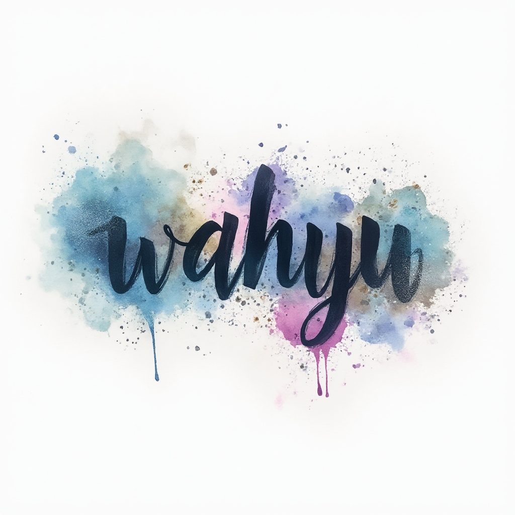 Watercolor galaxy-style tattoo design of the name wahyu in colorful fluid brush lettering on white background