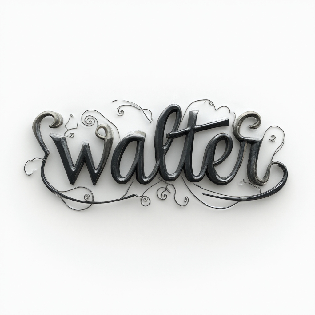 Abstract dimensional black and gray tattoo concept of the name walter with sculpted interlocking letters on a white background.