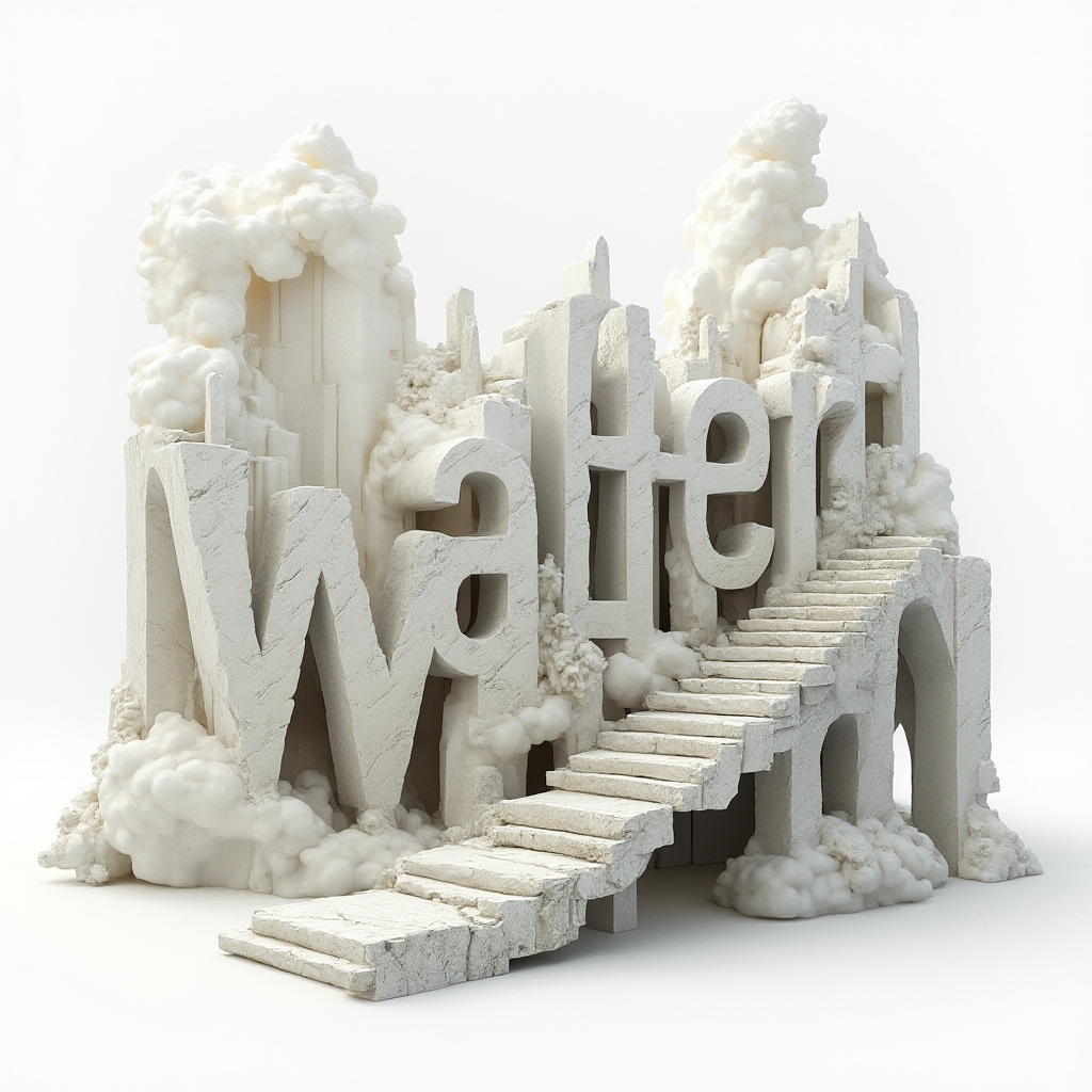 Surrealist tattoo design of the name walter transforming into impossible architectural shapes on a white background.