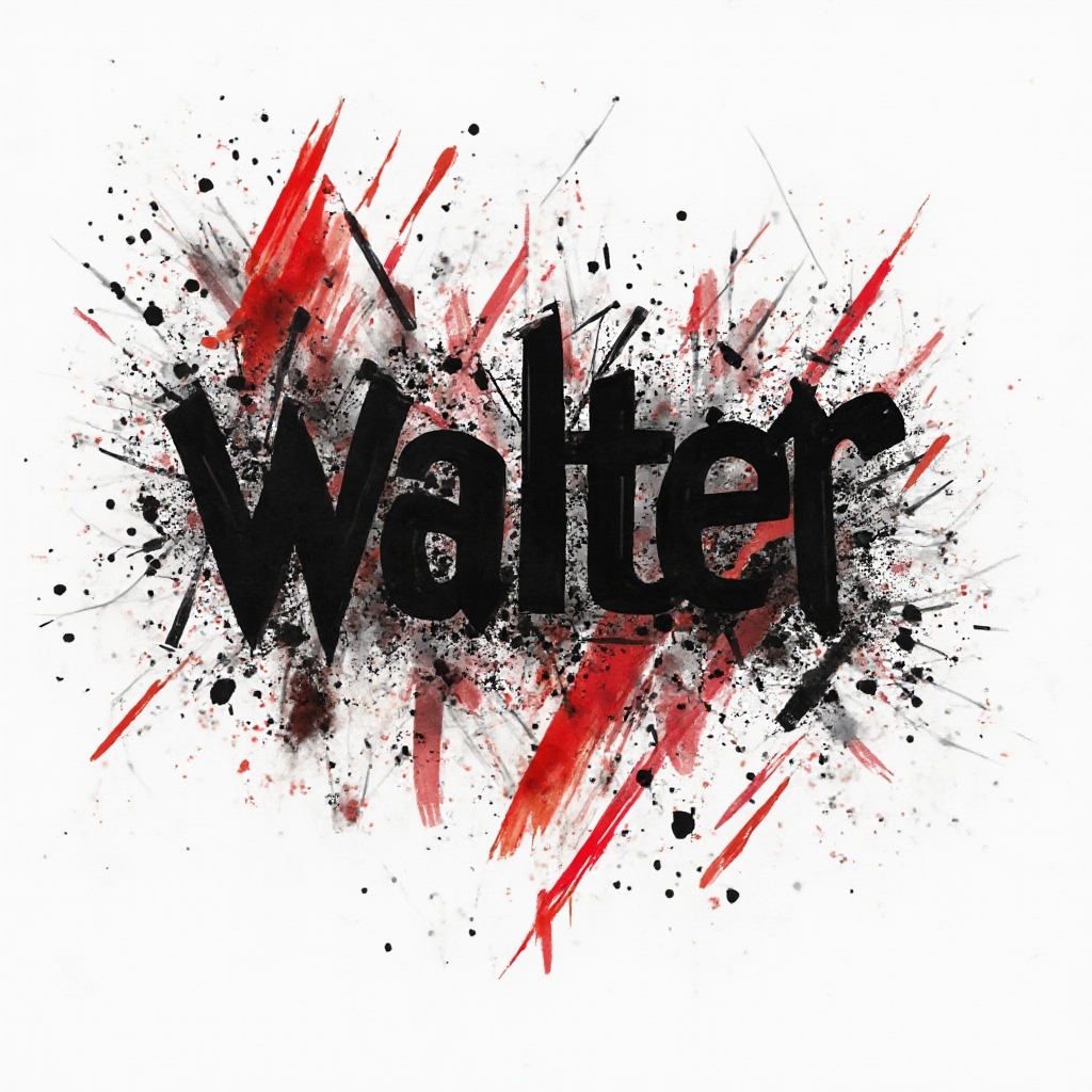 Trash Polka style tattoo design of the name walter with bold black lettering, red accents, and grunge textures on white.