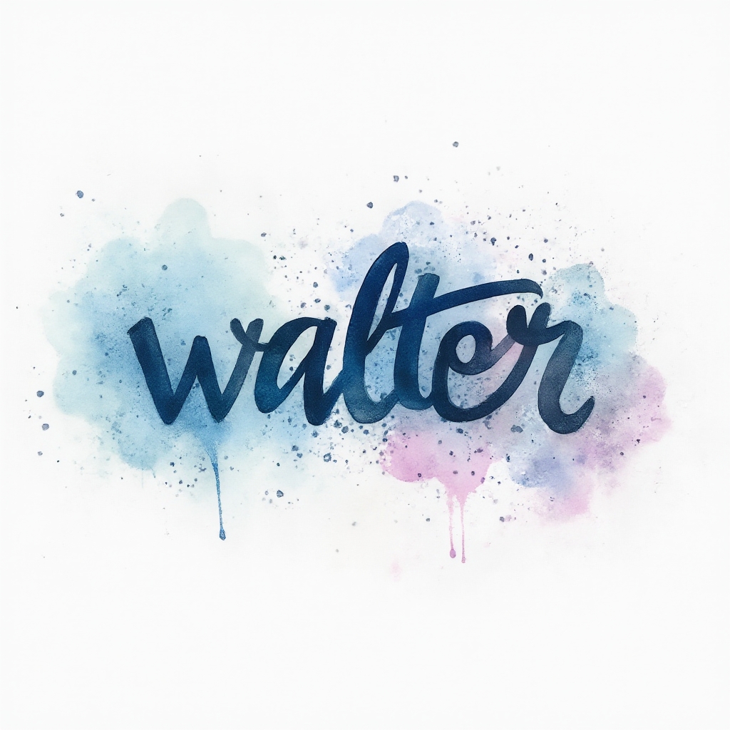 Watercolor tattoo concept with the name walter forming fluid ink letters blending into colorful paint splashes on a white background.