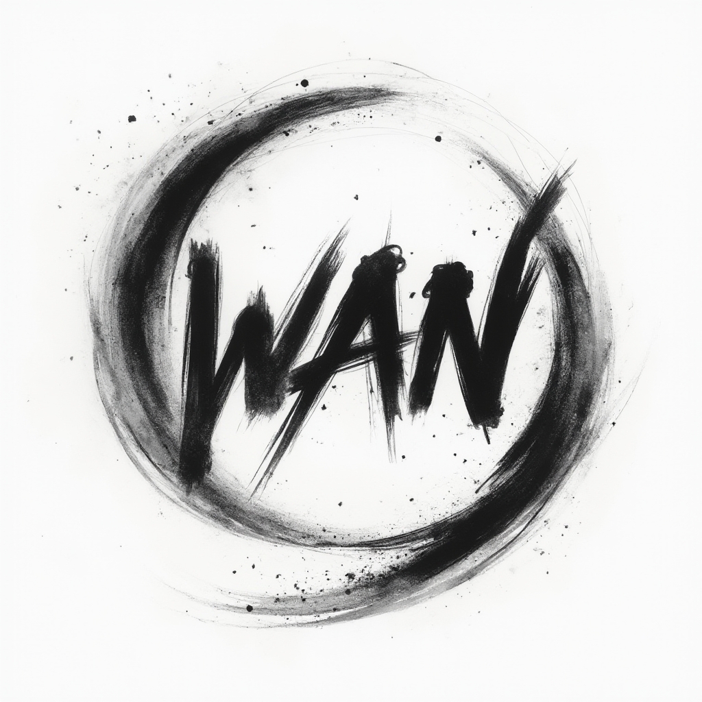 Abstract black ink tattoo design forming the name wan with sweeping strokes on a white background.