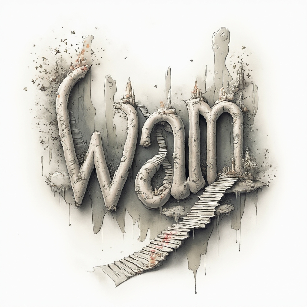 Surreal tattoo design of the name wan formed by dreamlike architectural shapes on a white background.