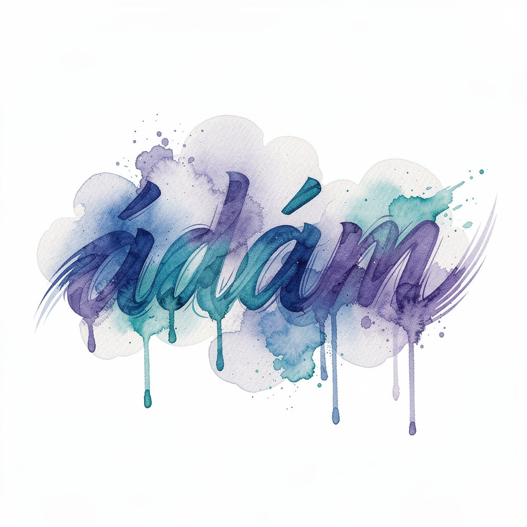Watercolor tattoo design with the name Ádám in flowing, painterly lettering on a white background.