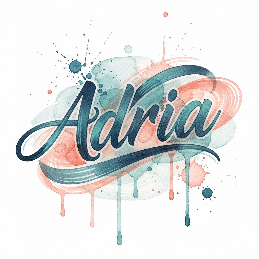 Watercolor tattoo design of the name Adria in fluid brush strokes on white background.