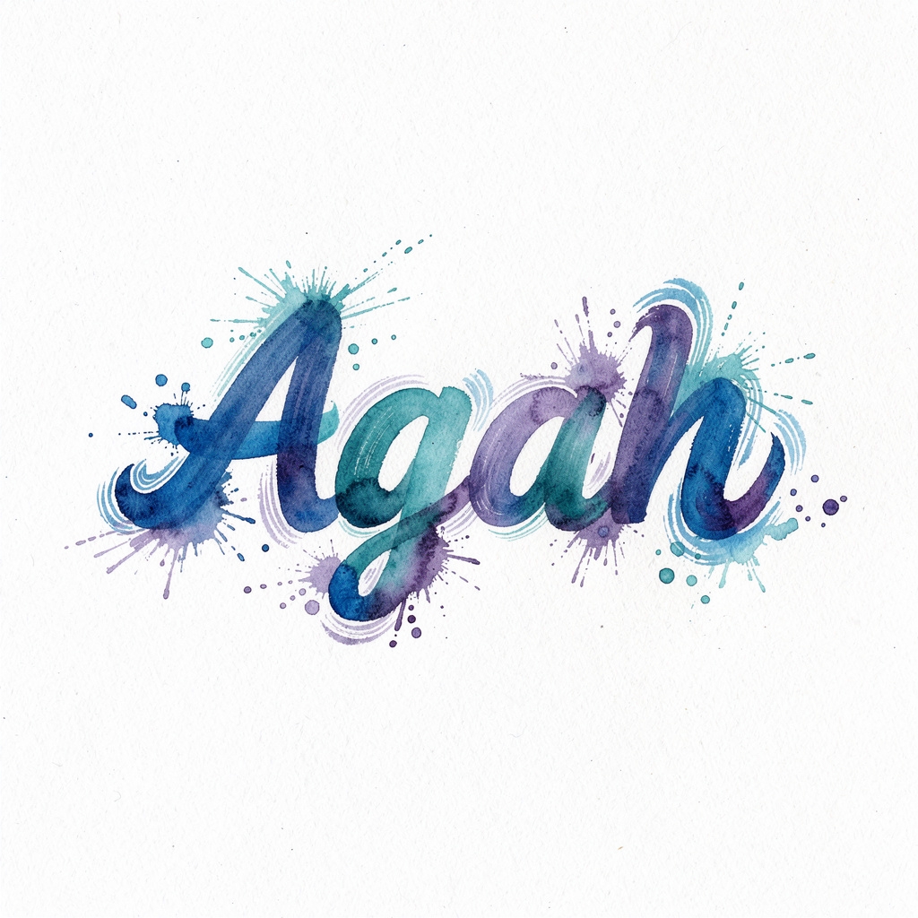Watercolor-style tattoo design of the name Agah on a white background.