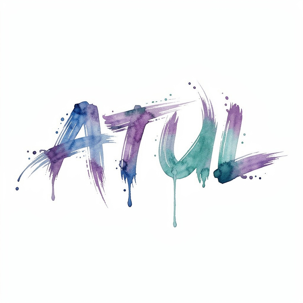 Watercolor-style tattoo design of the name Atul on a white background.
