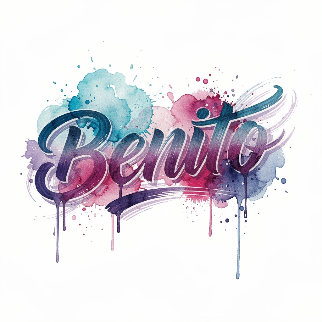 Watercolor-style tattoo design of the name Benito with colorful brushstroke lettering on a white background.