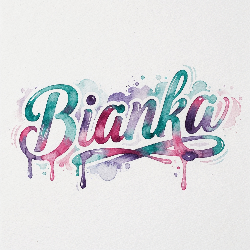 Watercolor tattoo design of the name Bianka on a white background.
