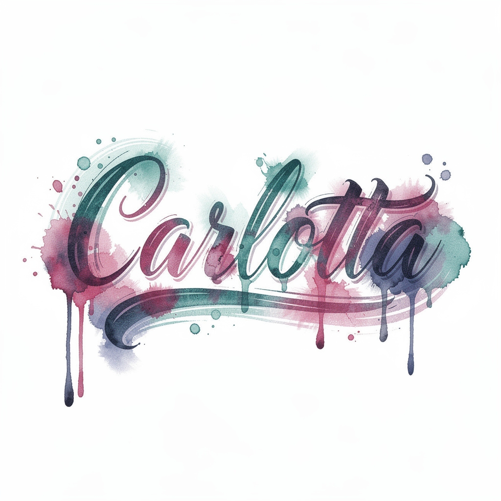 Watercolor tattoo design of the name Carlotta on a white background.