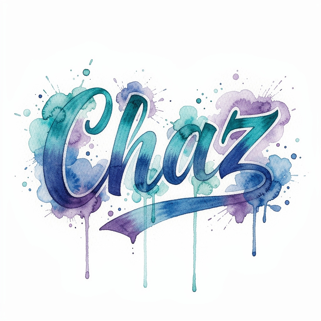 Watercolor tattoo design of the name Chaz in flowing brush lettering on white background.
