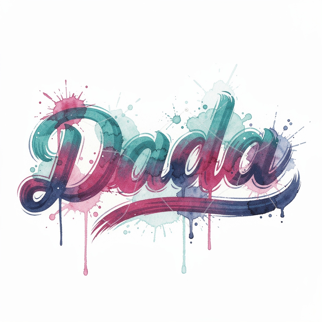 Watercolor tattoo design of the name Dada with flowing multicolor brush strokes on white background