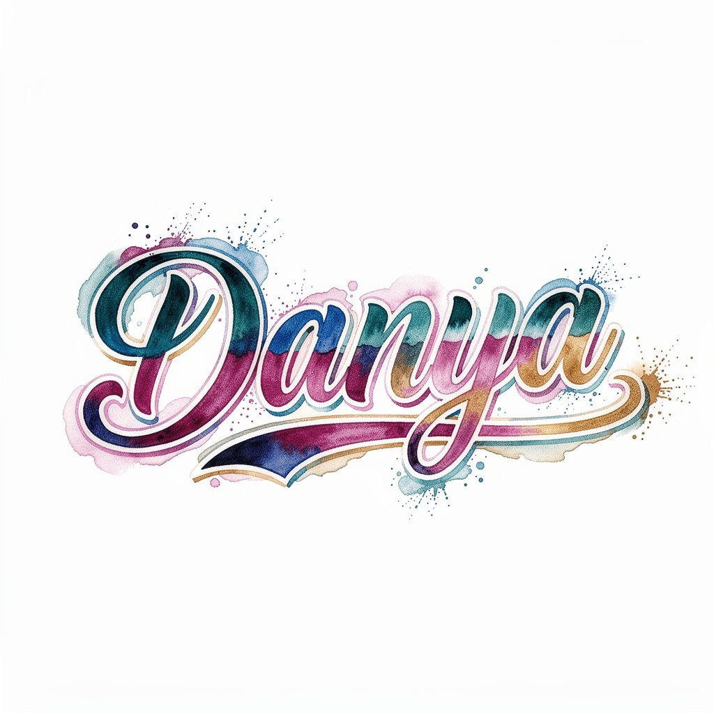 Watercolor tattoo design featuring the name Danya in flowing paint-like lettering on a white background.