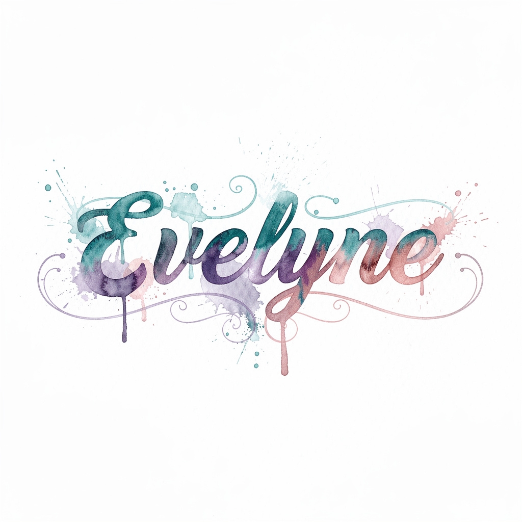 Watercolor tattoo design of the name Evelyne on a white background.