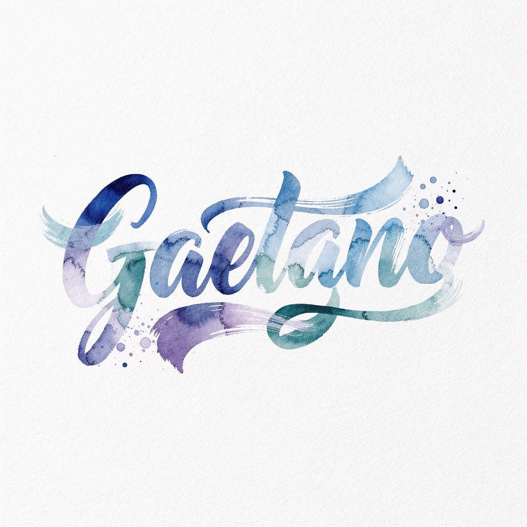 Watercolor tattoo design of the name Gaetano in fluid multicolor brush strokes on white background.