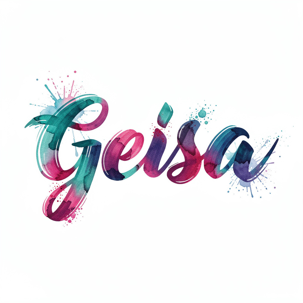 Watercolor tattoo design of the name Geisa in colorful brushstroke lettering.