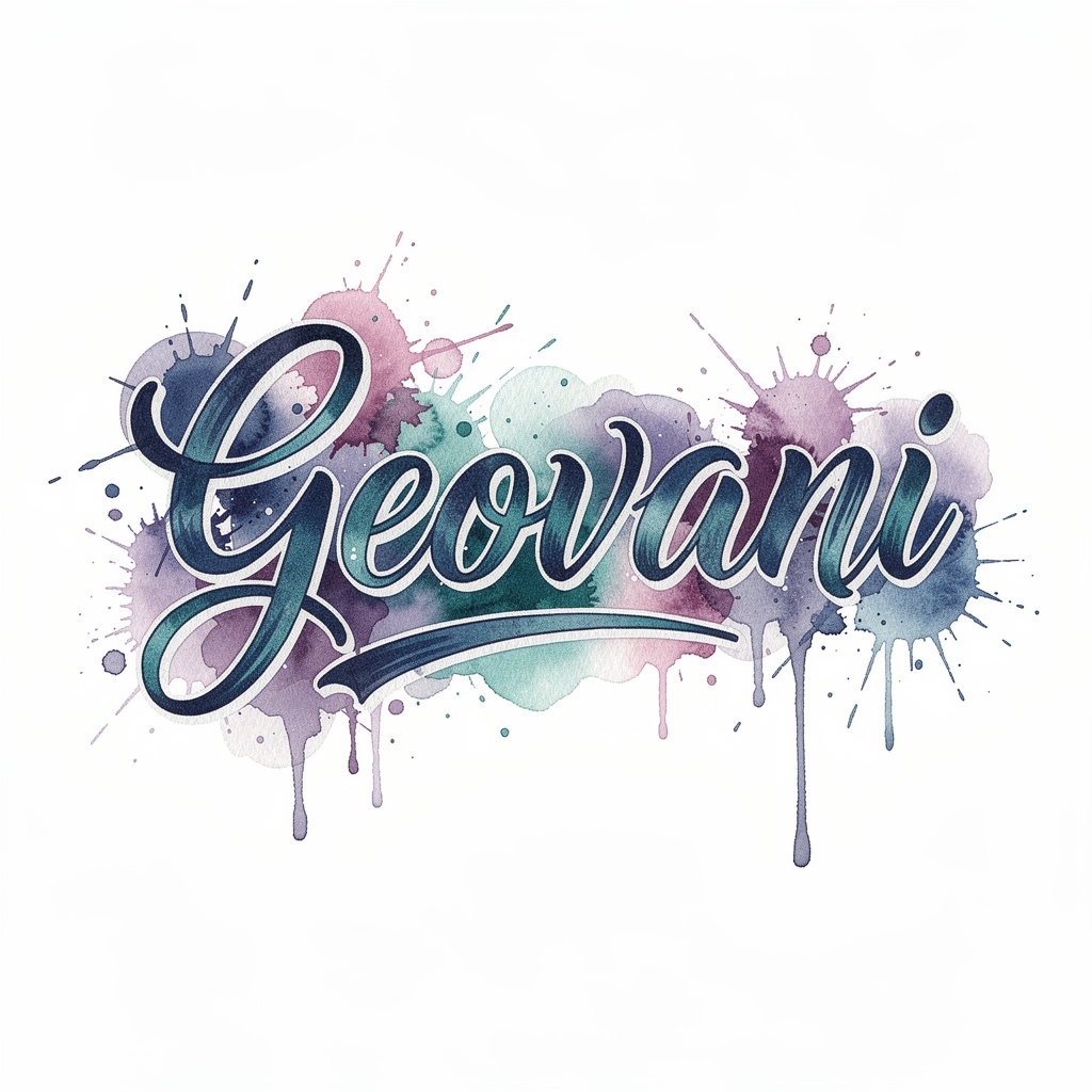 Watercolor tattoo design of the name Geovani with flowing colorful brushstrokes.